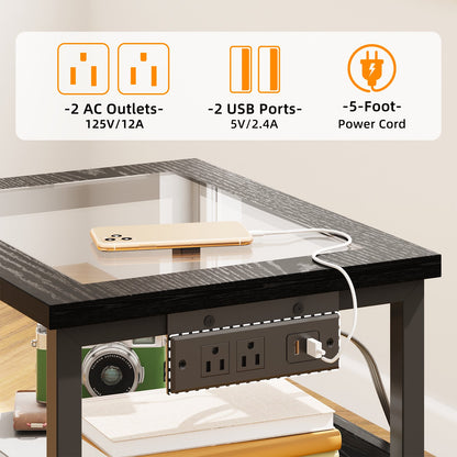TOMNK Nightstand with LED Lights & Charging Station, Side Table with Tempered Glass Top, USB Ports & Outlets, Fabric Drawers for Bedroom/Living Room, Black