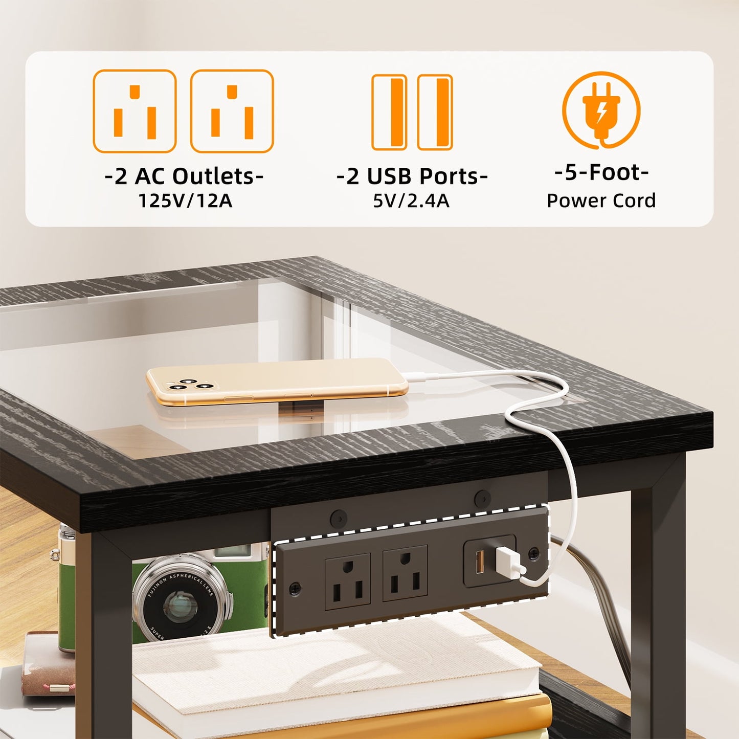 TOMNK Nightstand with LED Lights & Charging Station, Side Table with Tempered Glass Top, USB Ports & Outlets, Fabric Drawers for Bedroom/Living Room, Black