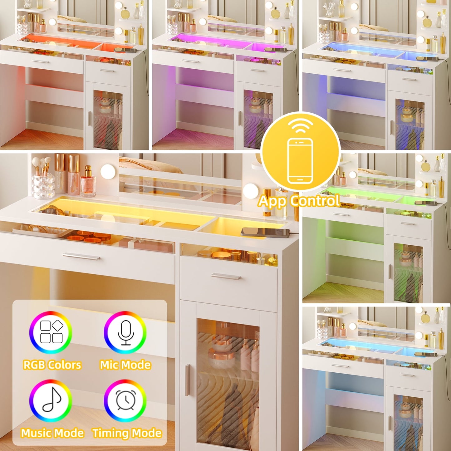 Tomnk woo White Vanity Desk with Mirror & Lights, Power Outlet, 3 Colors, 2 RGB Drawers, 6 Shelves