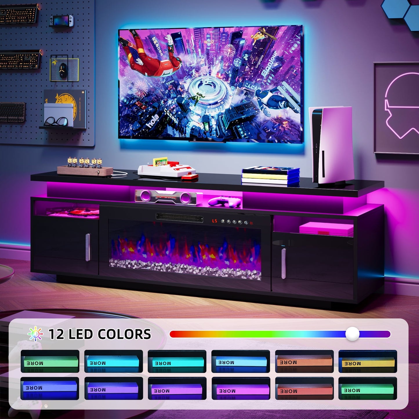 TOMNK 67" Modern Fireplace TV Stand with 36" Electric Fireplace for TVs Up to 80 inch, Luxury LED Light Entertainment Center with High Gloss Cabinet, TV Consoles for Living Room, Black