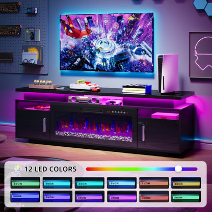 TOMNK 67" Modern Fireplace TV Stand with 36" Electric Fireplace for TVs Up to 80 inch, Luxury LED Light Entertainment Center with High Gloss Cabinet, TV Consoles for Living Room, Black