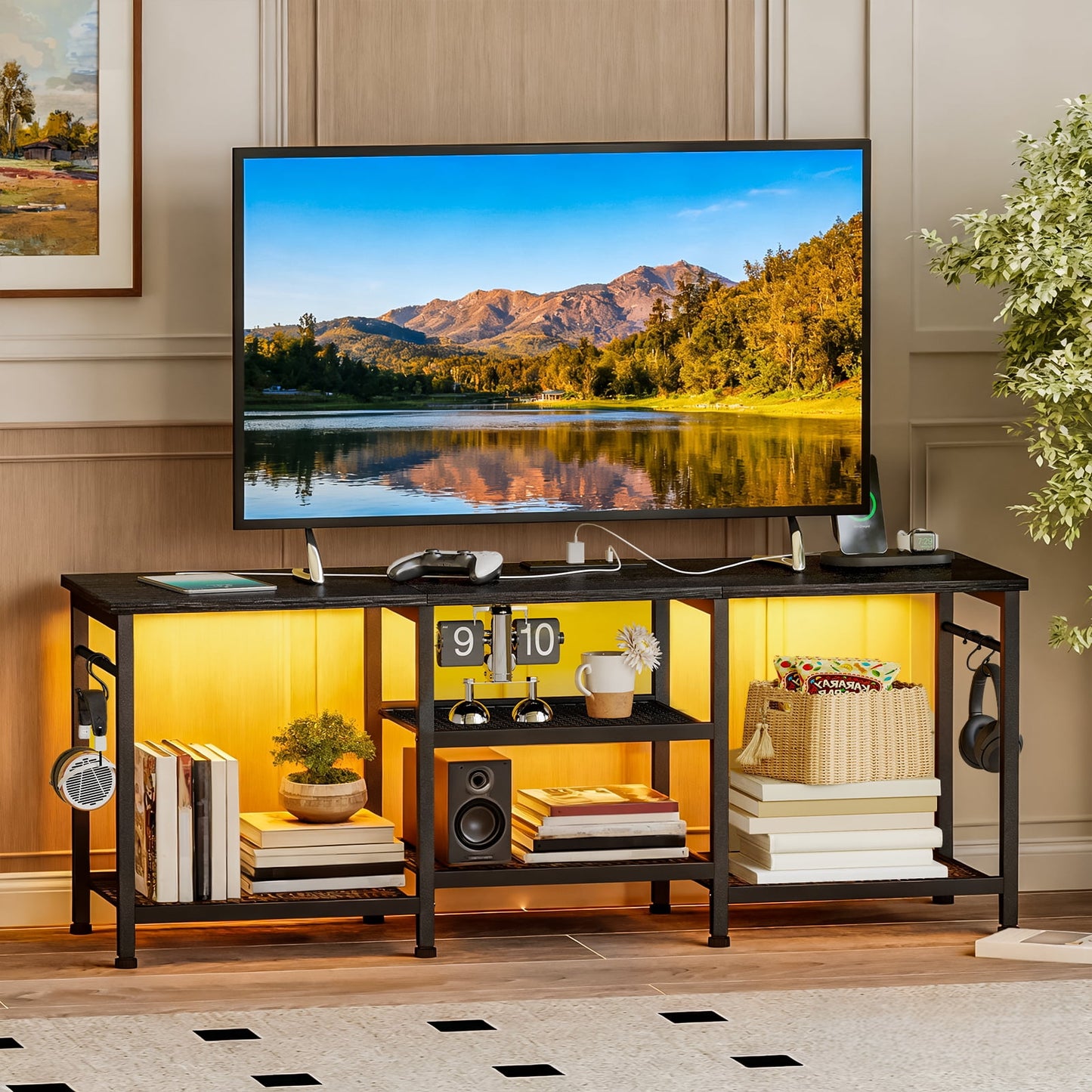 Tomnk TV Stand for 55in TV, Entertainment Center for Living Room Bedroom, with Charging Station and Lights (Black)