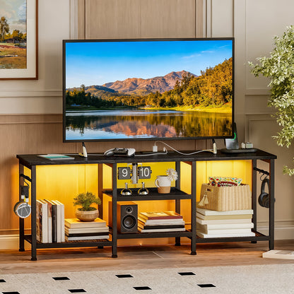 Tomnk TV Stand for 55in TV, Entertainment Center for Living Room Bedroom, with Charging Station and Lights (Black)
