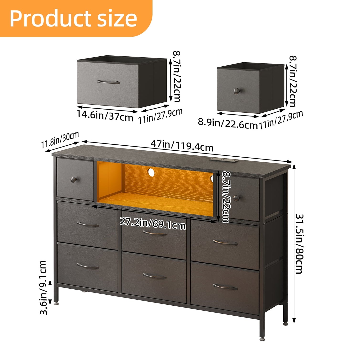 Tomnk woo Black Dresser with LED Lights and Power Outlets, 55" TV Stand with 8 Drawers for Bedroom, Living Room