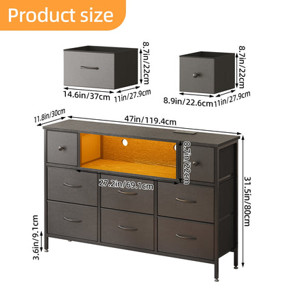 Tomnk woo Black Dresser with LED Lights and Power Outlets, 55" TV Stand with 8 Drawers for Bedroom, Living Room