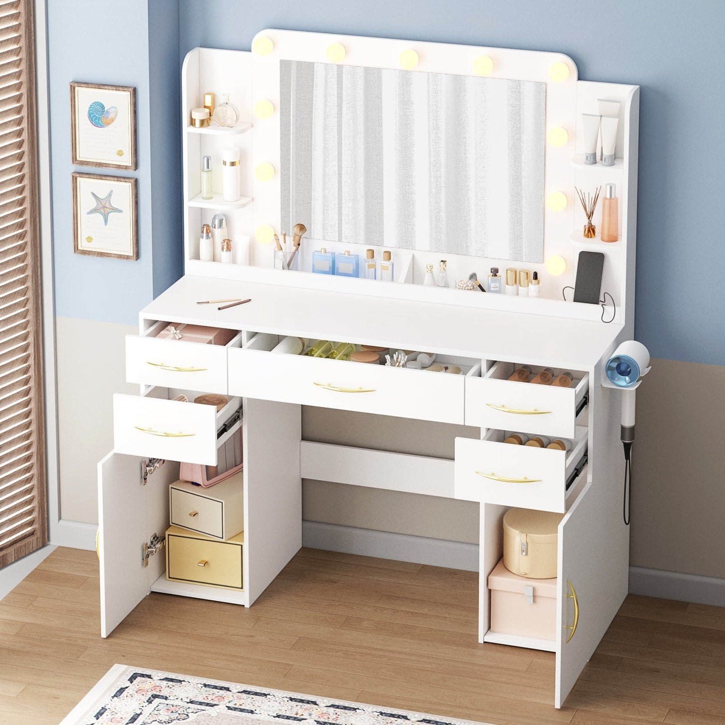 Make up Vanity Desk with Mirror, Vanity with Adjustable Lights and Power Outlet, Vanity Table with 5 Drawers 2 Cabinets and Shelves