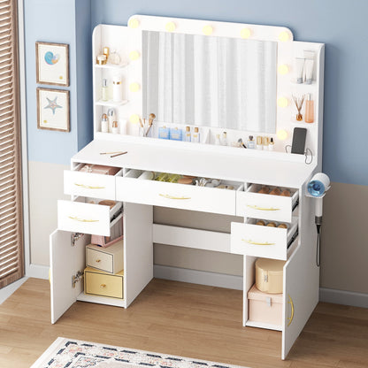 Make up Vanity Desk with Mirror, Vanity with Adjustable Lights and Power Outlet, Vanity Table with 5 Drawers 2 Cabinets and Shelves