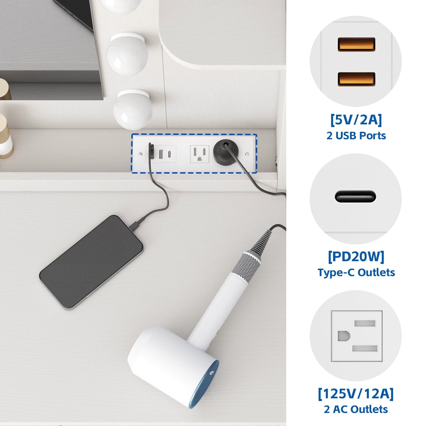Make up Vanity Desk with Mirror, Vanity with Adjustable Lights and Power Outlet, Vanity Table with 5 Drawers 2 Cabinets and Shelves