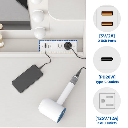Make up Vanity Desk with Mirror, Vanity with Adjustable Lights and Power Outlet, Vanity Table with 5 Drawers 2 Cabinets and Shelves