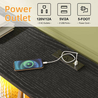 Tomnk woo Black Dresser with LED Lights and Power Outlets, 55" TV Stand with 8 Drawers for Bedroom, Living Room