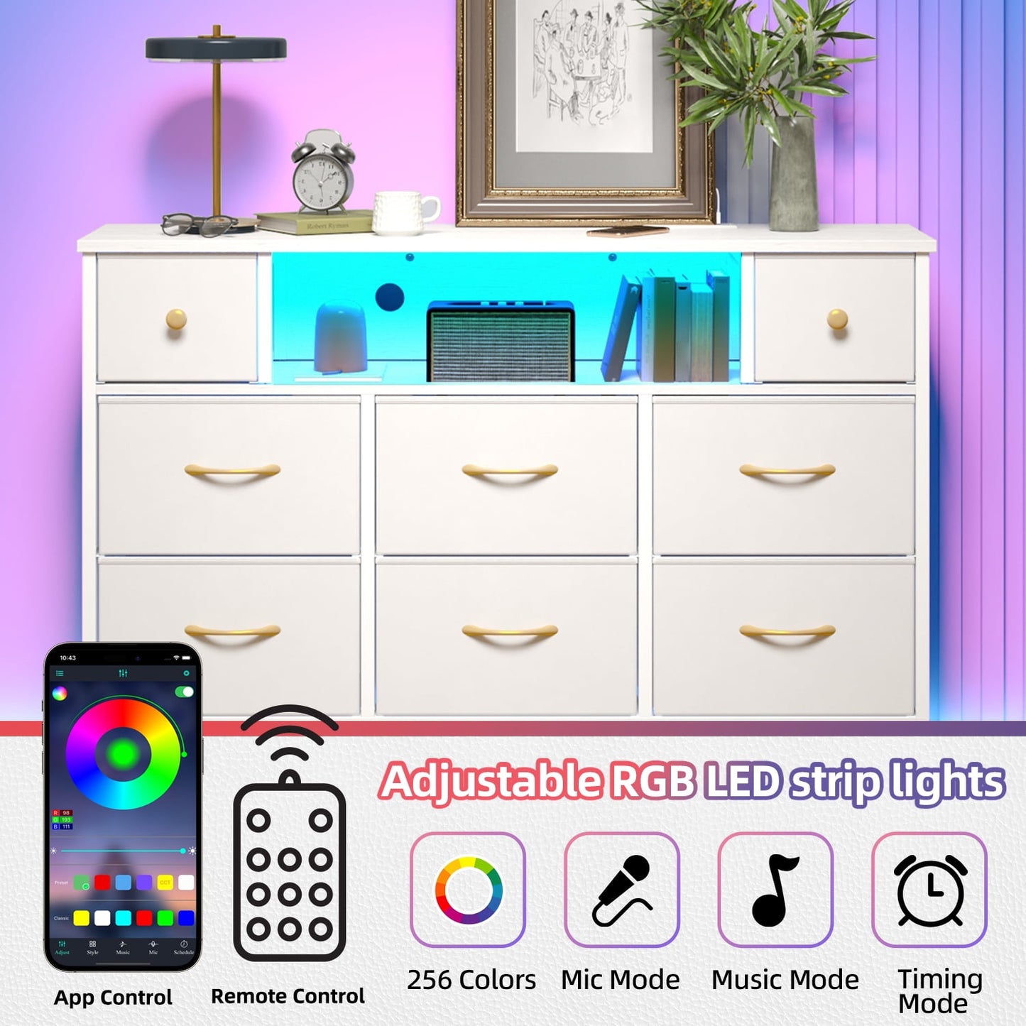 Fairy Dresser for Bedroom with 8 Drawers, White 55" TV Stand with Power Outlets and LED Lights, Fabric Chest of Drawers with PU Finish for Living Room, Entryway (White)