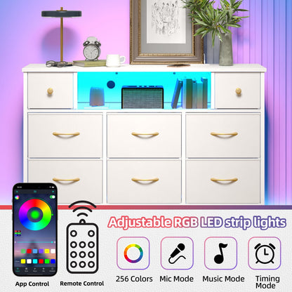 Fairy Dresser for Bedroom with 8 Drawers, White 55" TV Stand with Power Outlets and LED Lights, Fabric Chest of Drawers with PU Finish for Living Room, Entryway (White)