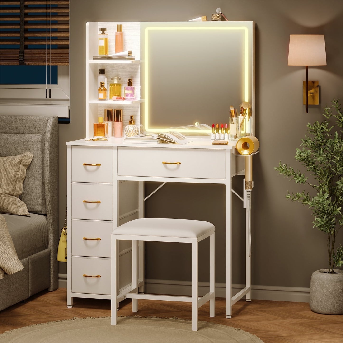 TOMNK Vanity Desk with Mirror Lights, 5 Drawers, Stool, Charging Station, Hooks & Hair Dryer Holder, White