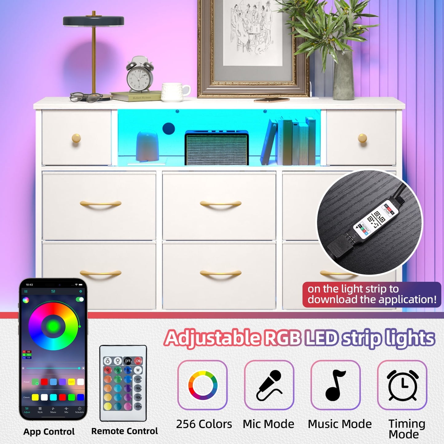 Tomnk woo White Dresser with LED Lights and Power Outlets, 55" TV Stand with 8 Drawers for Bedroom, Living Room