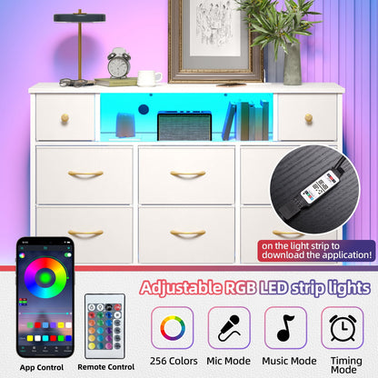 Tomnk woo White Dresser with LED Lights and Power Outlets, 55" TV Stand with 8 Drawers for Bedroom, Living Room