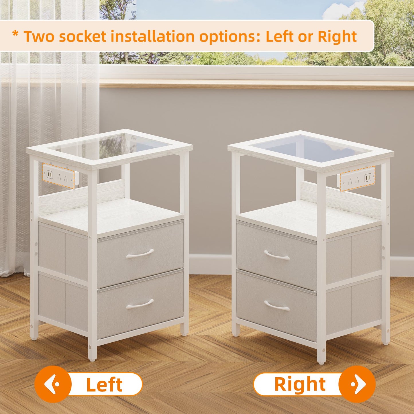 TOMNK Nightstand with LED Lights & Charging Station, Side Table with Tempered Glass Top, USB Ports & Outlets, Fabric Drawers for Bedroom/Living Room, White