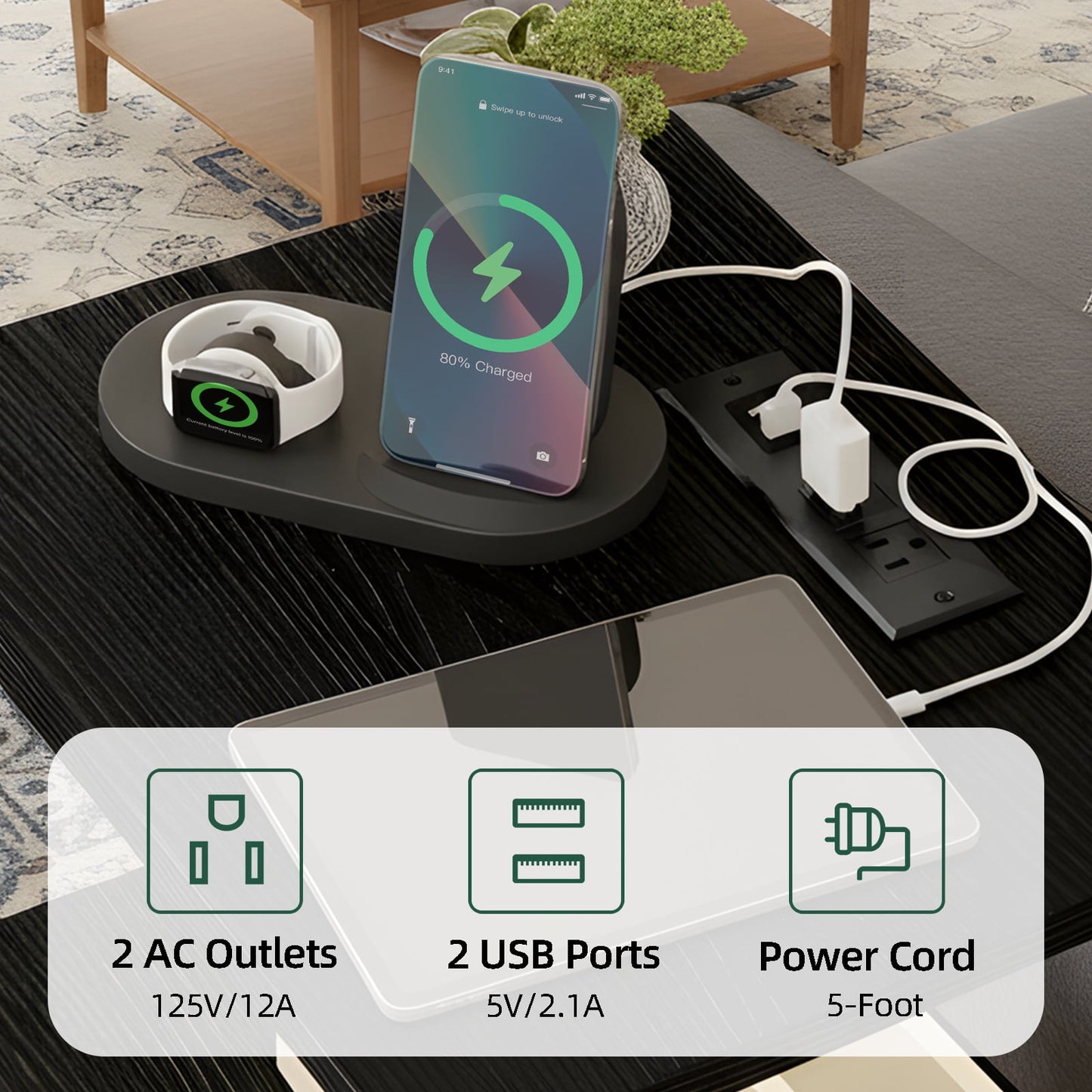 Fairy Night Stands Set of 2 with Charging Station, Bed Side Table, LED Nightstand with 2 Fabric Drawers, Black