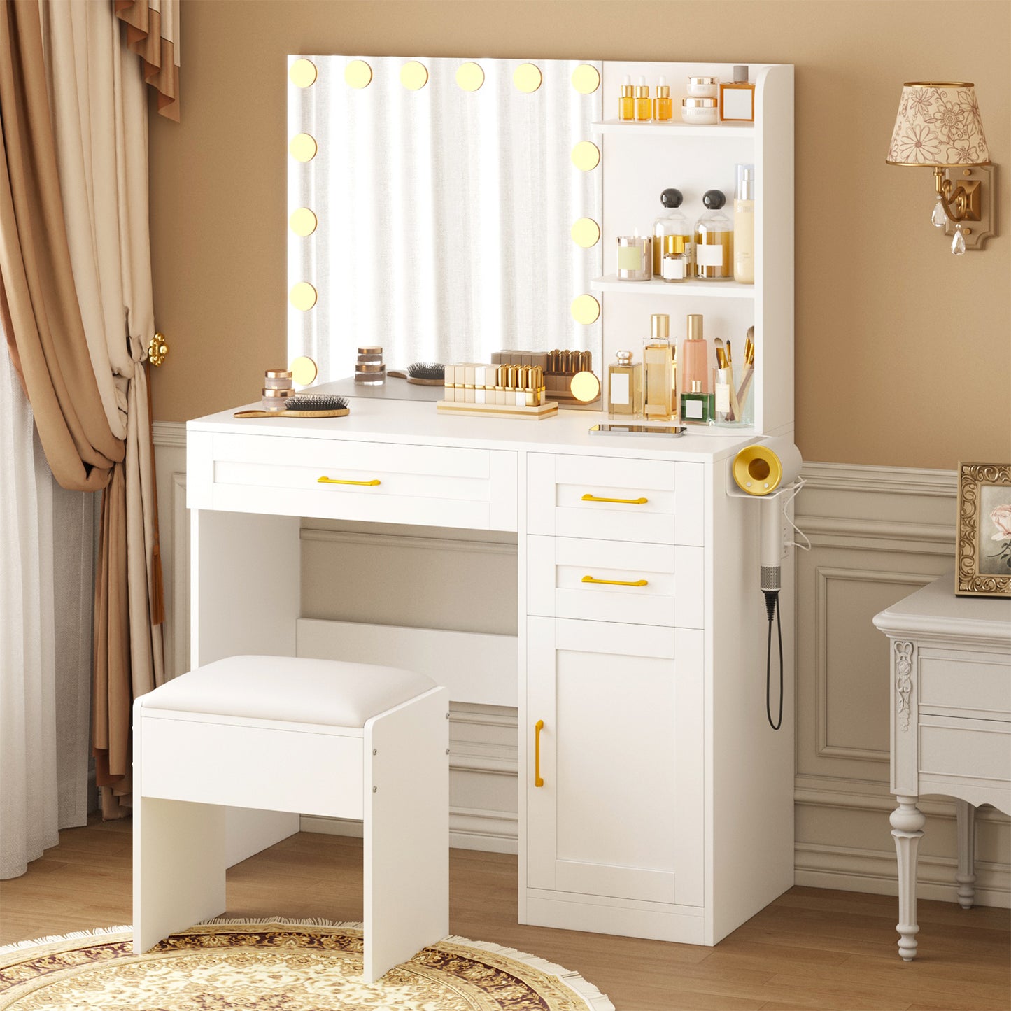 Tomnk White Vanity with Lights Mirrors, Makeup Vanity Desk with Drawers and Chair, Power Outlet