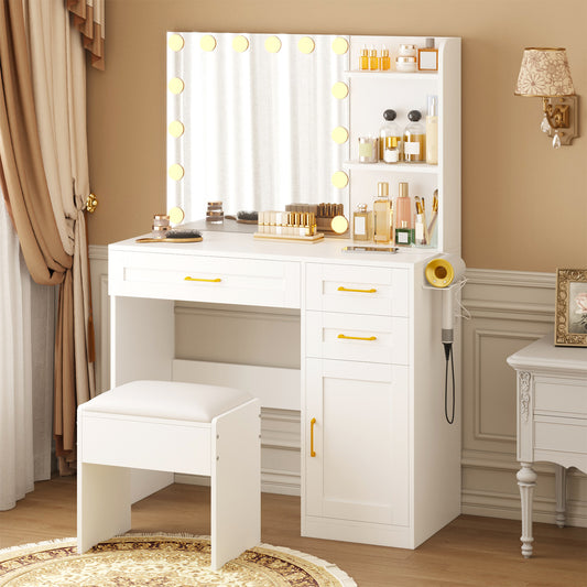 Tomnk White Vanity with Lights Mirrors, Makeup Vanity Desk with Drawers and Chair, Power Outlet