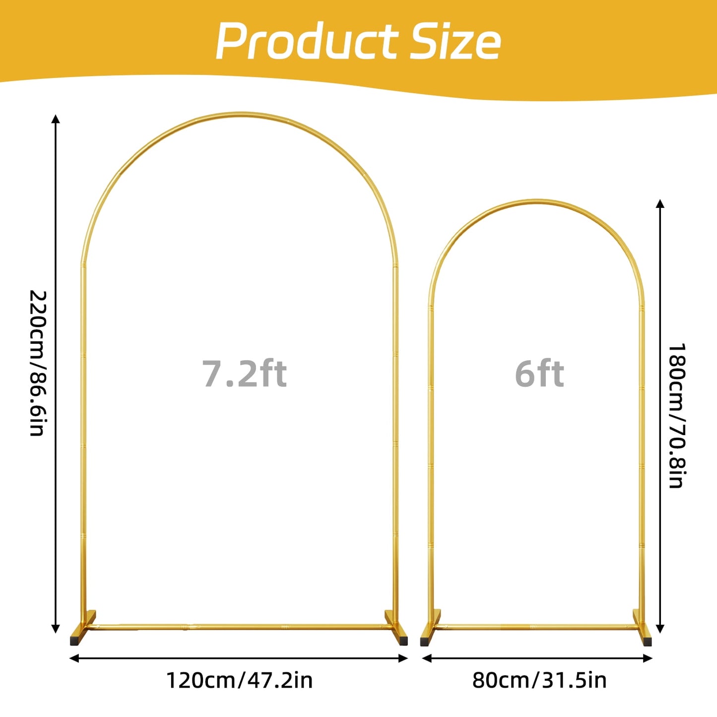 Arch Backdrop Stand, Set of 2 Metal Arch Stand (7.2FT+6FT), Gold Wedding Arch Frame for Party, Holiday, Ideal for Flower