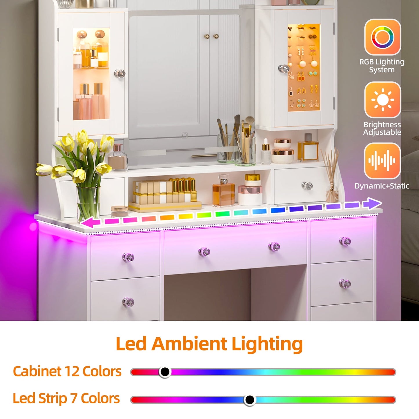 Tomnk woo 42" Vanity Desk with LED Mirror, RGB Lights, 7 Drawers, 2 Cabinets, Adjustable Brightness, White