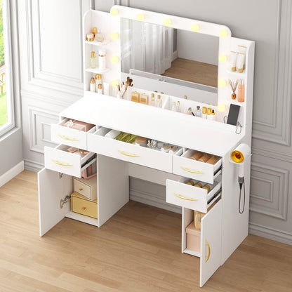 Tomnk woo White Vanity Desk with Mirror, Lights, Drawers, Cabinets, Shelves & Power Outlet,45.5"