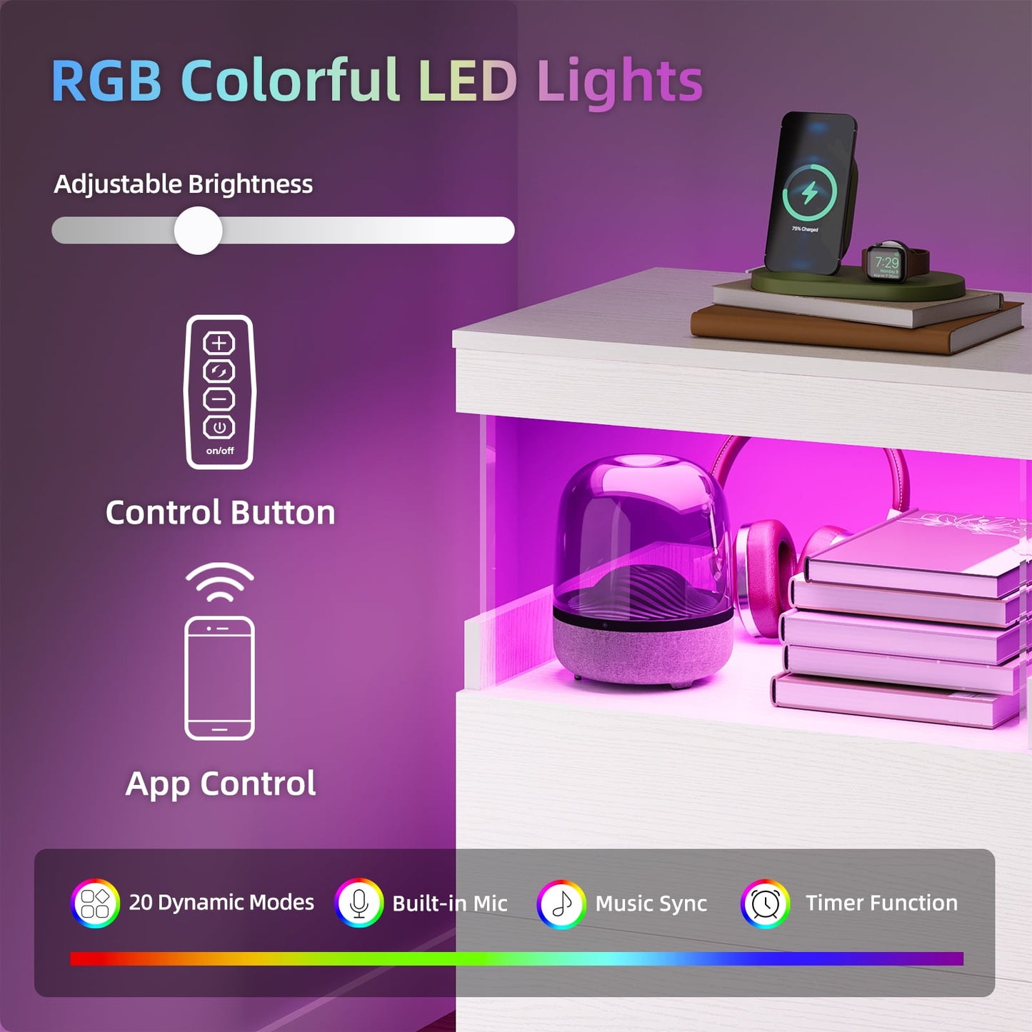 TOOMNK White Nightstand with Charging Station, Bedside Table for Bedroom, LED Nightstand, Modern Night Stand with Drawers, White
