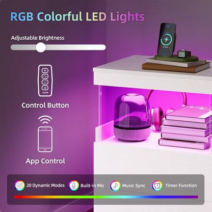 TOOMNK White Nightstand with Charging Station, Bedside Table for Bedroom, LED Nightstand, Modern Night Stand with Drawers, White