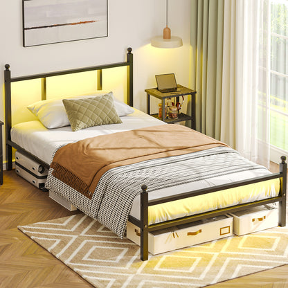 Tomnk woo Twin Bed Frame with LED Lights, Charging Station, Metal Slats, Sturdy & Modern Design, Black