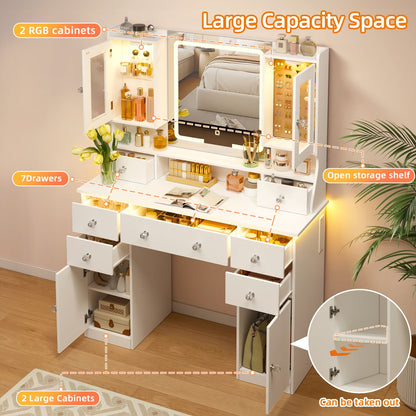 Tomnk woo 42" Vanity Desk with LED Mirror, RGB Lights, 7 Drawers, 2 Cabinets, Adjustable Brightness, White