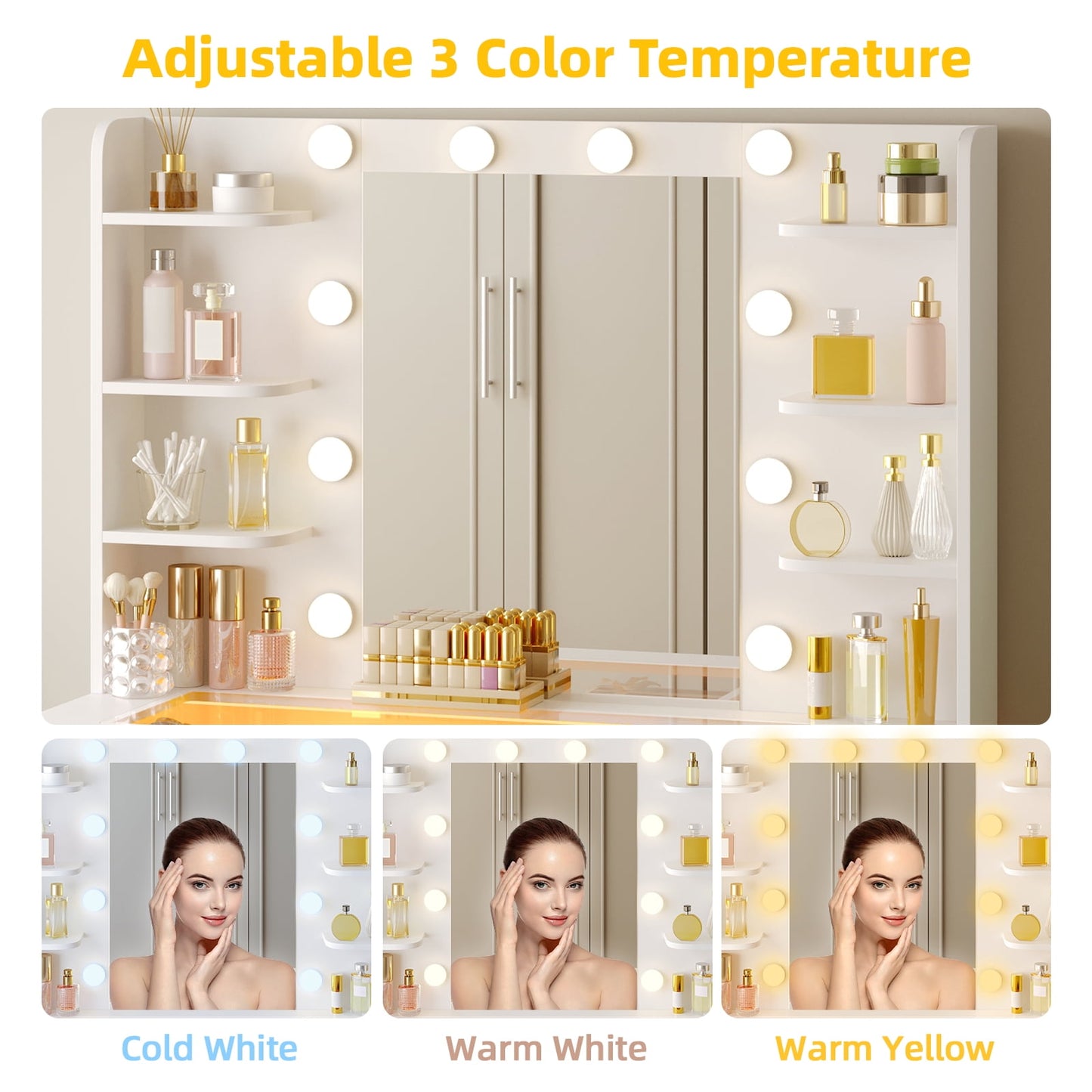 Tomnk woo White Vanity Desk with Mirror & Lights, Power Outlet, 3 Colors, 2 RGB Drawers, 6 Shelves