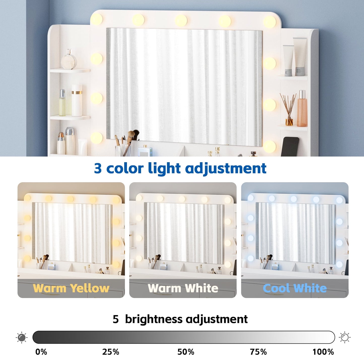 Make up Vanity Desk with Mirror, Vanity with Adjustable Lights and Power Outlet, Vanity Table with 5 Drawers 2 Cabinets and Shelves