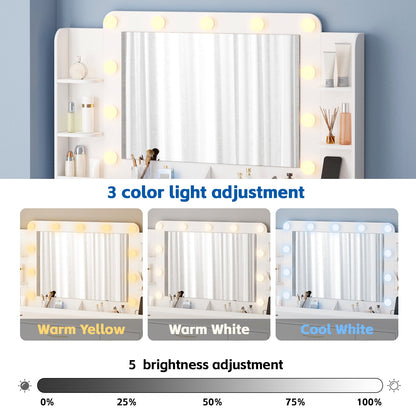Make up Vanity Desk with Mirror, Vanity with Adjustable Lights and Power Outlet, Vanity Table with 5 Drawers 2 Cabinets and Shelves