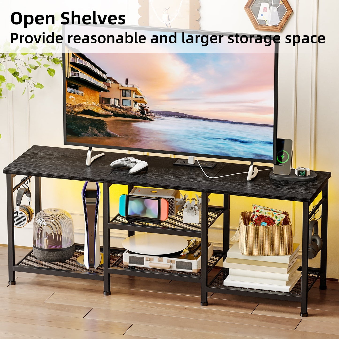 Tomnk TV Stand for TVs up to 55 Inch, Entertainment Center with Open Storage Shelves, Media Console Table with Soundbar Shelf for Living Room, Bedroom, White