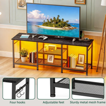 Tomnk TV Stand for 55in TV, Entertainment Center for Living Room Bedroom, with Charging Station and Lights (Black)