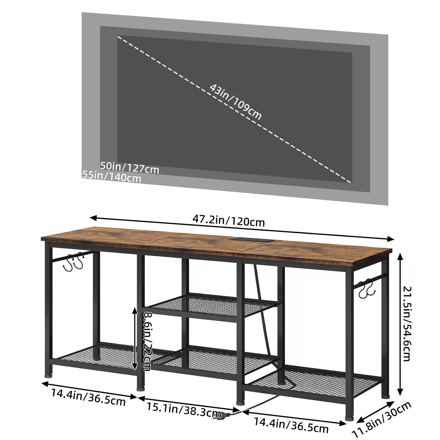 Tomnk TV Stand for TVs up to 55 Inch, Entertainment Center with Open Storage Shelves, Media Console Table with Soundbar Shelf for Living Room, Bedroom, Rustic Brown