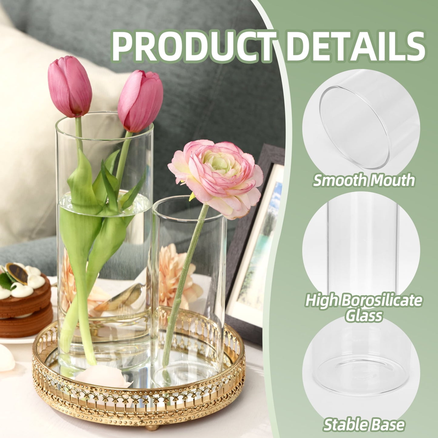 Tomnk Clear Glass Cylinder Hurricane Candle Holder Vases Set of 5 (4"+6"+8"+10"+12"High)