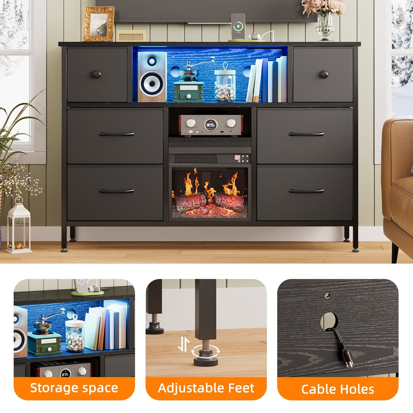 TOMNK 43" Modern Fireplace TV Stand with 13" Electric Fireplace for TVs Up to 66 inch, Luxury LED Light Entertainment Center with High Gloss Cabinet, TV Consoles for Living Room, Black