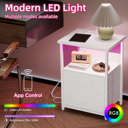 Fairy Night Stand with Charging Station, Bed Side Table, Nightstand with 2 Fabric Storage Drawers, White