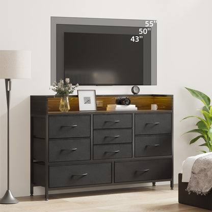 Tomnk woo Black LED Dresser with 9 Drawers, Charging Station, PU Fabric Finish for Living Room, Hallway