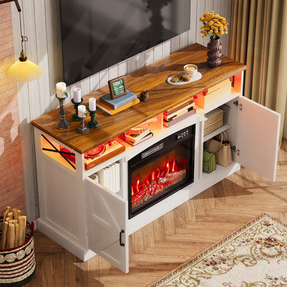 TOMNK Fireplace TV Stand for Television up to 65+ Inch with Storage and Farmhouse Sliding Barn Doors, Entertainment Center with Cabinet and Shelves, Media Console for Living Room, White
