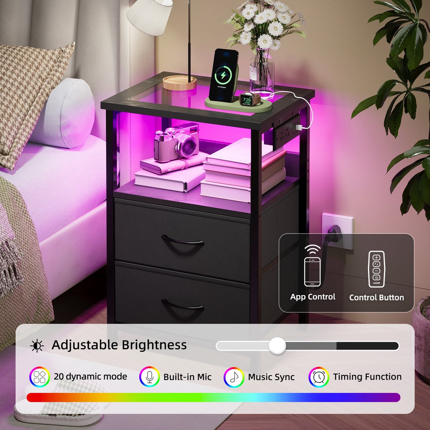 TOMNK Nightstand with LED Lights & Charging Station, Side Table with Tempered Glass Top, USB Ports & Outlets, Fabric Drawers for Bedroom/Living Room, Black