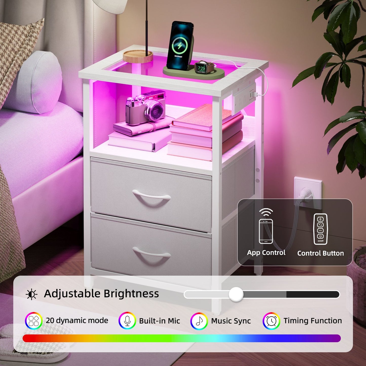 TOMNK Nightstand with LED Lights & Charging Station, Side Table with Tempered Glass Top, USB Ports & Outlets, Fabric Drawers for Bedroom/Living Room, White