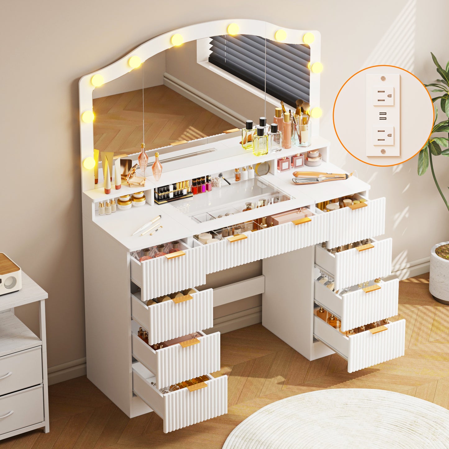 Tomnk 46in White Vanity Desk, Glass Top, Large Mirror, 9 Drawers, Lights, Power Outlet, Adjustable Brightness