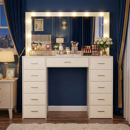 TOMNK 43.3" Vanity Desk with Mirror, LED Lights and Power Outlet Makeup Vanity Table with 11 Drawers Dressing Table for Bedroom Dressing Room (White)