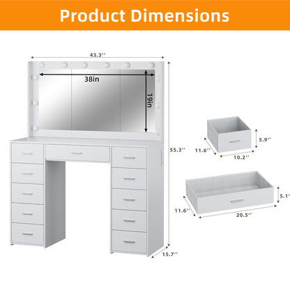 TOMNK 43.3" Vanity Desk with Mirror, LED Lights and Power Outlet Makeup Vanity Table with 11 Drawers Dressing Table for Bedroom Dressing Room (White)