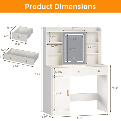 TOMNK Vanity Desk with LED Lights Mirror & Power Outlet, Small Makeup Vanity Table Set with Storage Drawers, 3 Lighting Modes & Adjustable Brightness, Dressing Table for Women Girls Bedroom, White