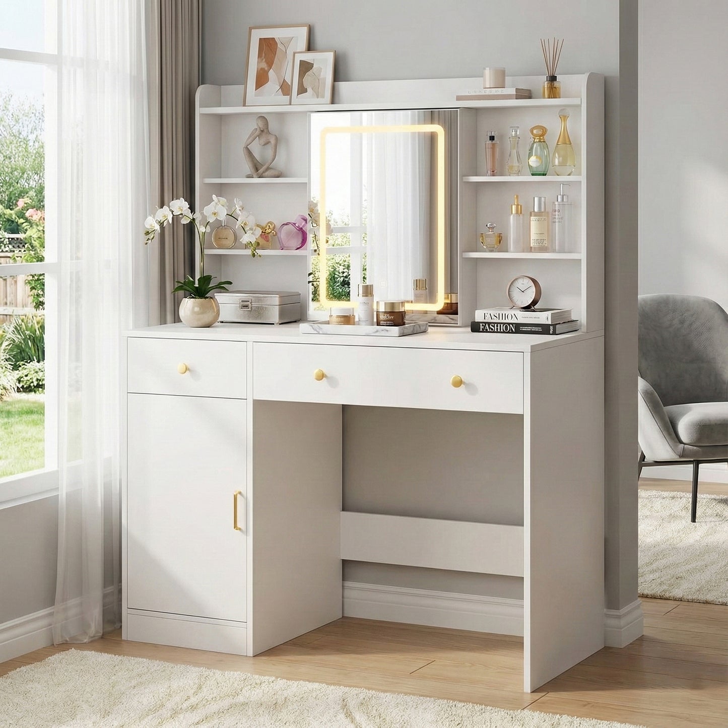 TOMNK Vanity Desk with LED Lights Mirror & Power Outlet, Small Makeup Vanity Table Set with Storage Drawers, 3 Lighting Modes & Adjustable Brightness, Dressing Table for Women Girls Bedroom, White