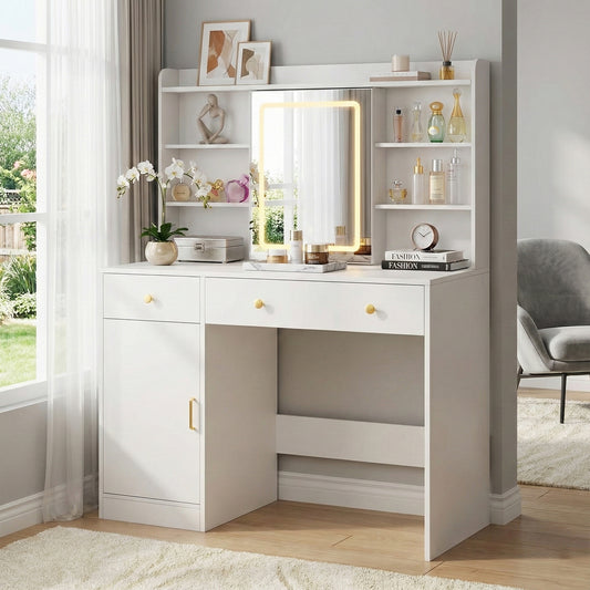 TOMNK Vanity Desk with LED Lights Mirror & Power Outlet, Small Makeup Vanity Table Set with Storage Drawers, 3 Lighting Modes & Adjustable Brightness, Dressing Table for Women Girls Bedroom, White