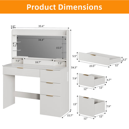 TOMNK Vanity Desk with Mirror, LED Lights and Power Outlet Makeup Vanity Table with 4 Drawers and 7 Storage Shelves Dressing Table for Bedroom Dressing Room (White)